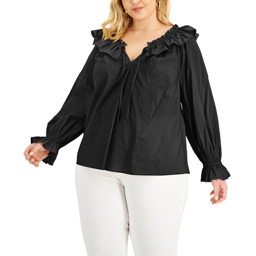 INC International Concepts Plus Size Solid Tie Neck Ruffled Blouse